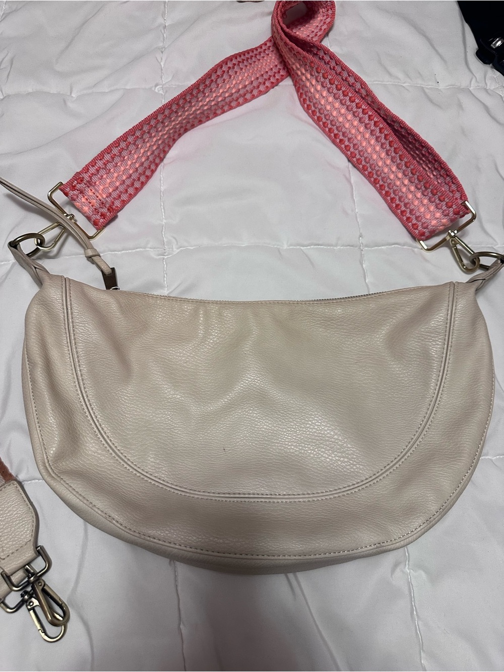 Anthropologie Cream Leather Crescent Shoulder Bag with Pink Woven Strap